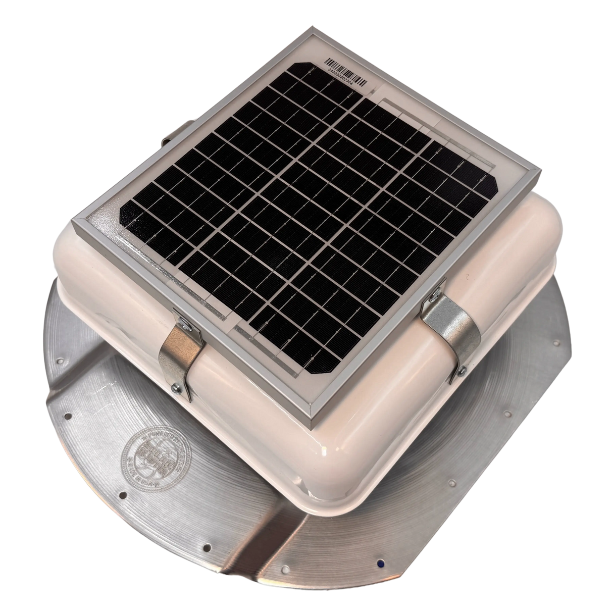 Solar ventilation fan, Solar Mega RoofBlaster for conex containers with 6.5" ribs, left side view, powder-coated white, 5W solar panel (no background) | Solar Blaster brand