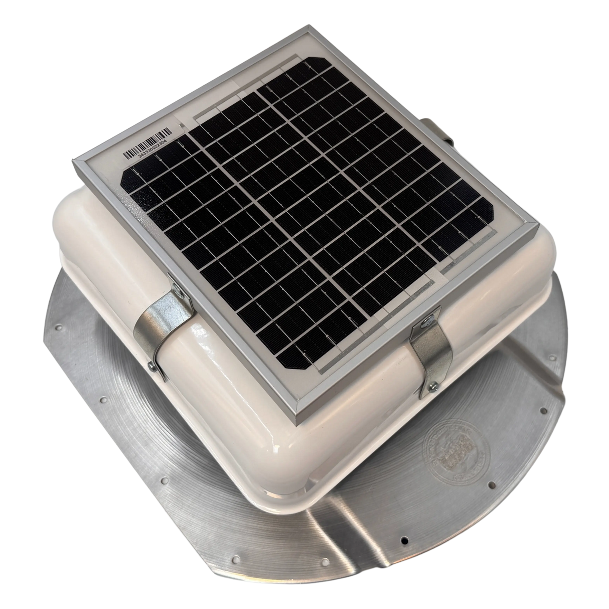 Solar ventilation fan, Solar Mega RoofBlaster for conex containers with 6.5" ribs, right side view, powder-coated white, 5W solar panel (no background) | Solar Blaster brand