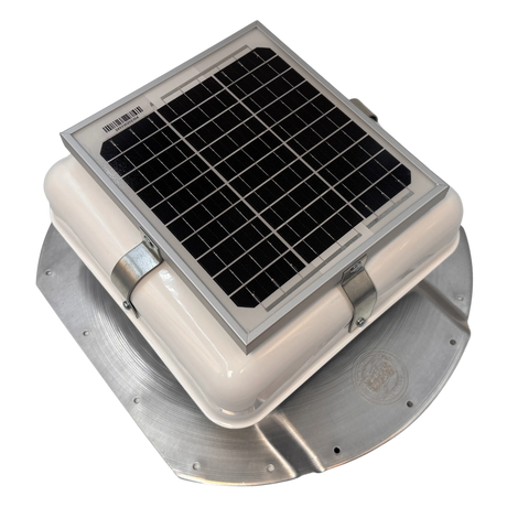 Solar ventilation fan, Solar Mega RoofBlaster for conex containers with 6.5" ribs, right side view, powder-coated white, 5W solar panel (no background) | Solar Blaster brand