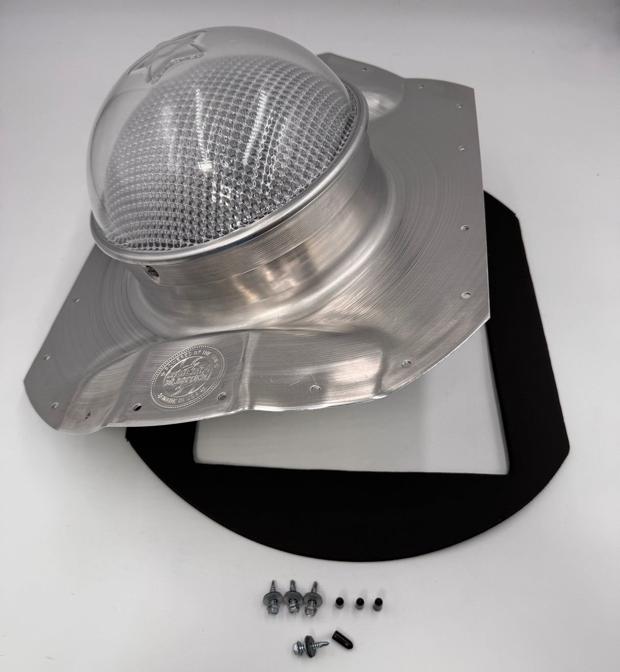 Tubular skylight, Solar Side LightBlaster for conex shipping containers, kit contents showing dome, flashing, gasket, cutting template and mounting screws | Solar Blaster brand
