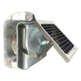 Solar ventilation fan, Solar Sideblaster for shipping container side-wall installation, front view, galvanized finish, 5W solar panel (no background) | Solar Blaster brand