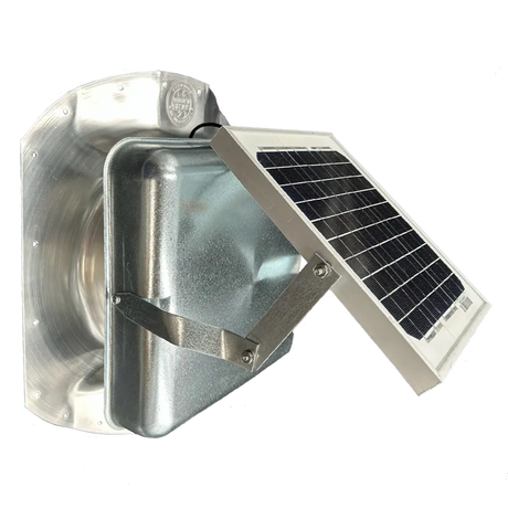 Solar ventilation fan, Solar Sideblaster for shipping container side-wall installation, front view, galvanized finish, 5W solar panel (no background) | Solar Blaster brand