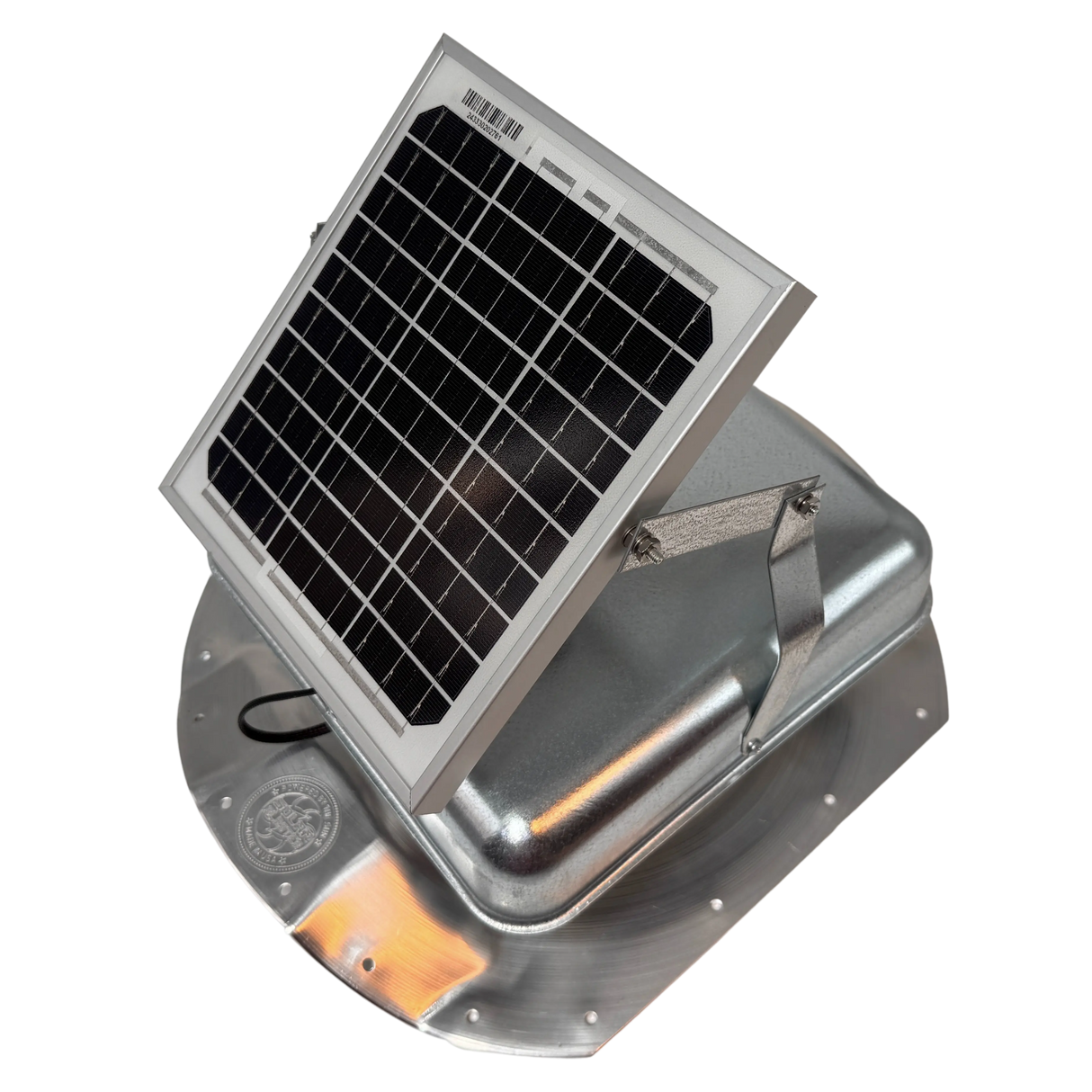 Solar ventilation fan, Solar Sideblaster for shipping container side-wall installation, left side view, galvanized finish, 5W solar panel (no background) | Solar Blaster brand