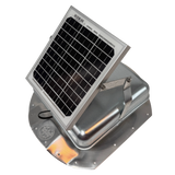 Solar ventilation fan, Solar Sideblaster for shipping container side-wall installation, left side view, galvanized finish, 5W solar panel (no background) | Solar Blaster brand