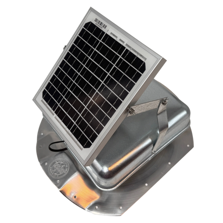 Solar ventilation fan, Solar Sideblaster for shipping container side-wall installation, left side view, galvanized finish, 5W solar panel (no background) | Solar Blaster brand