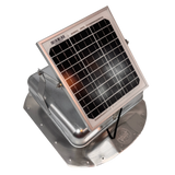 Solar ventilation fan, Solar Sideblaster for shipping container side-wall installation, right side view, galvanized finish, 5W solar panel (no background) | Solar Blaster brand