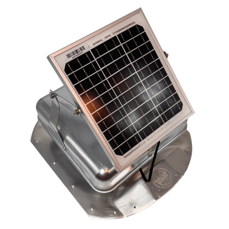 Solar ventilation fan, Solar Sideblaster for shipping container side-wall installation, right side view, galvanized finish, 5W solar panel (no background) | Solar Blaster brand