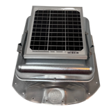 Solar ventilation fan, Solar Sideblaster for shipping container side-wall installation, front view, galvanized finish, 5W solar panel (no background) | Solar Blaster brand