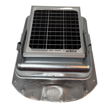 Solar ventilation fan, Solar Sideblaster for shipping container side-wall installation, front view, galvanized finish, 5W solar panel (no background) | Solar Blaster brand