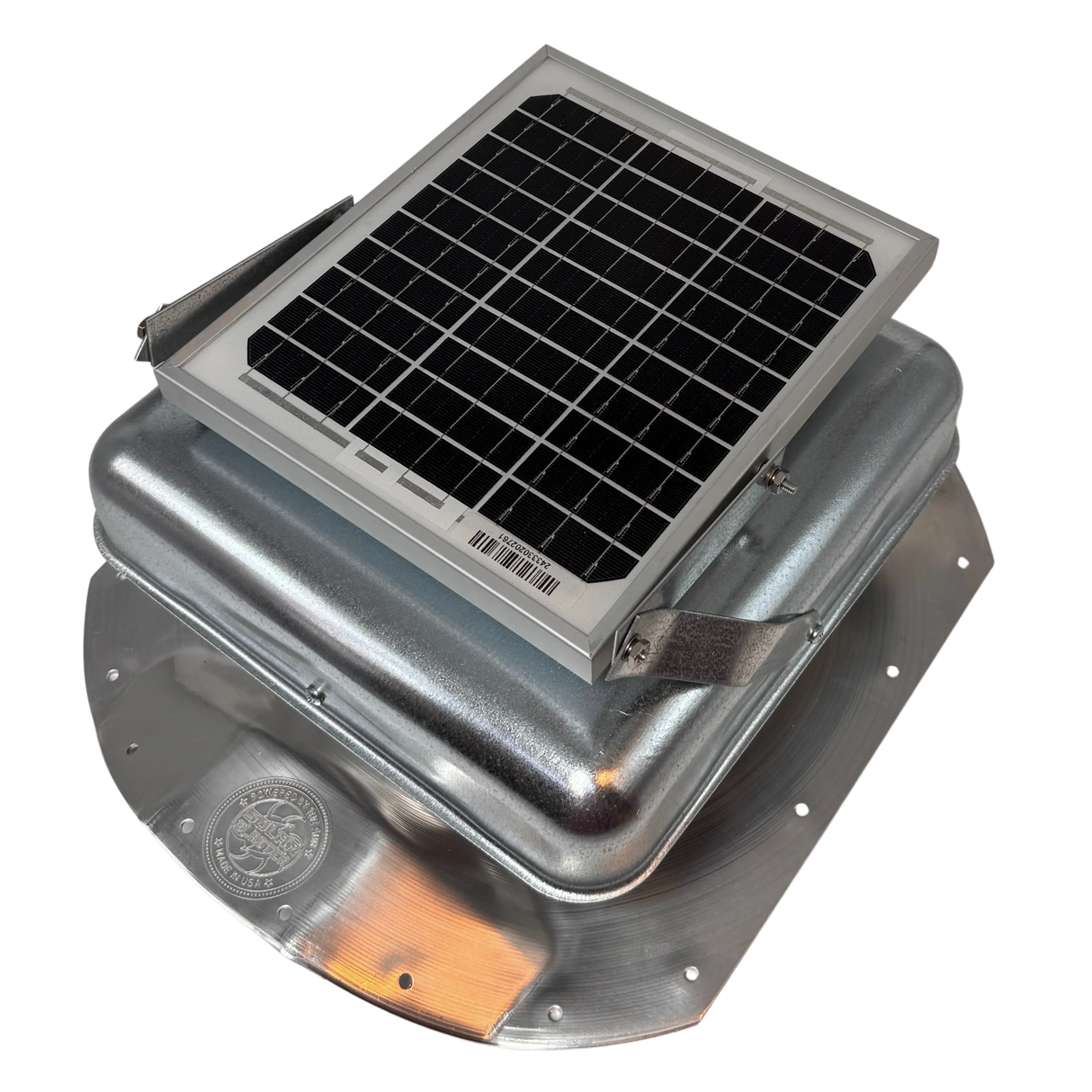 Solar ventilation fan, Solar Sideblaster for shipping container side-wall installation, left side view, galvanized finish, 5W solar panel (no background) | Solar Blaster brand