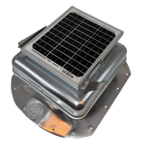 Solar ventilation fan, Solar Sideblaster for shipping container side-wall installation, left side view, galvanized finish, 5W solar panel (no background) | Solar Blaster brand