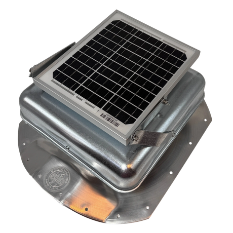 Solar ventilation fan, Solar Sideblaster for shipping container side-wall installation, left side view, galvanized finish, 5W solar panel (no background) | Solar Blaster brand