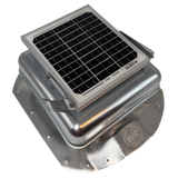 Solar ventilation fan, Solar Sideblaster for shipping container side-wall installation, right side view, galvanized finish, 5W solar panel (no background) | Solar Blaster brand