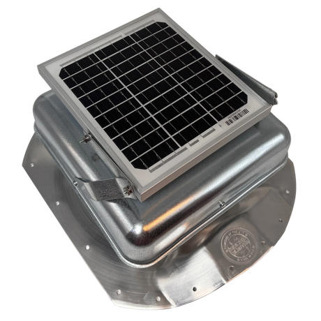 Solar ventilation fan, Solar Sideblaster for shipping container side-wall installation, right side view, galvanized finish, 5W solar panel (no background) | Solar Blaster brand