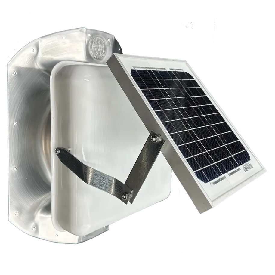 Solar ventilation fan, Solar Sideblaster for shipping container side-wall installation, front view, powder-coated white, 5W solar panel (no background) | Solar Blaster brand