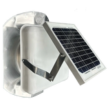 Solar ventilation fan, Solar Sideblaster for shipping container side-wall installation, front view, powder-coated white, 5W solar panel (no background) | Solar Blaster brand