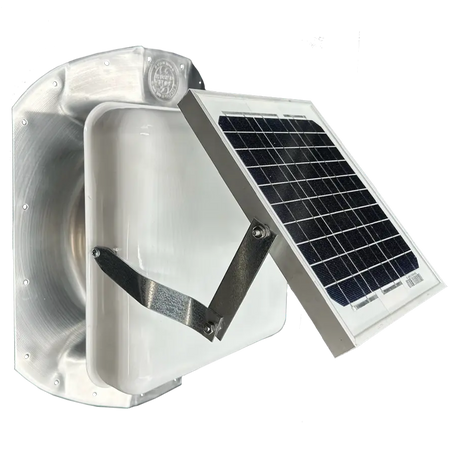 Solar ventilation fan, Solar Sideblaster for shipping container side-wall installation, front view, powder-coated white, 5W solar panel (no background) | Solar Blaster brand