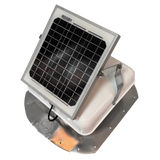 Solar ventilation fan, Solar Sideblaster for shipping container side-wall installation, left side view, powder-coated white, 5W solar panel (no background) | Solar Blaster brand