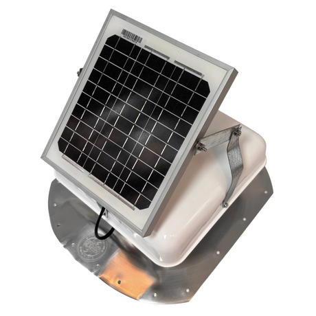 Solar ventilation fan, Solar Sideblaster for shipping container side-wall installation, left side view, powder-coated white, 5W solar panel (no background) | Solar Blaster brand