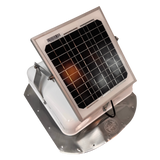 Solar ventilation fan, Solar Sideblaster for shipping container side-wall installation, right side view, powder-coated white, 5W solar panel (no background) | Solar Blaster brand