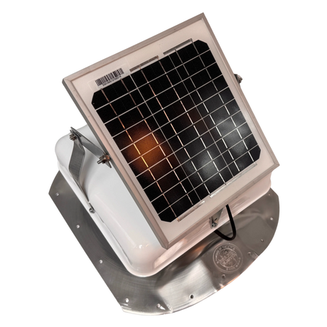 Solar ventilation fan, Solar Sideblaster for shipping container side-wall installation, right side view, powder-coated white, 5W solar panel (no background) | Solar Blaster brand