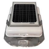 Solar ventilation fan, Solar Sideblaster for shipping container side-wall installation, front view, powder-coated white, 5W solar panel (no background) | Solar Blaster brand