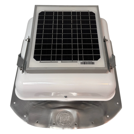 Solar ventilation fan, Solar Sideblaster for shipping container side-wall installation, front view, powder-coated white, 5W solar panel (no background) | Solar Blaster brand