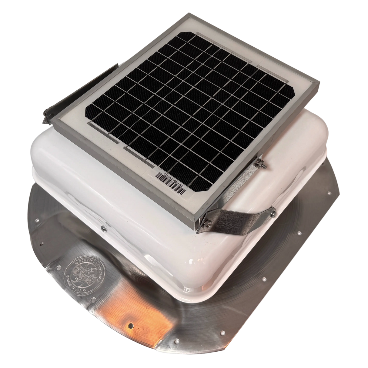 Solar ventilation fan, Solar Sideblaster for shipping container side-wall installation, left side view, powder-coated white, 5W solar panel (no background) | Solar Blaster brand