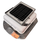 Solar ventilation fan, Solar Sideblaster for shipping container side-wall installation, left side view, powder-coated white, 5W solar panel (no background) | Solar Blaster brand