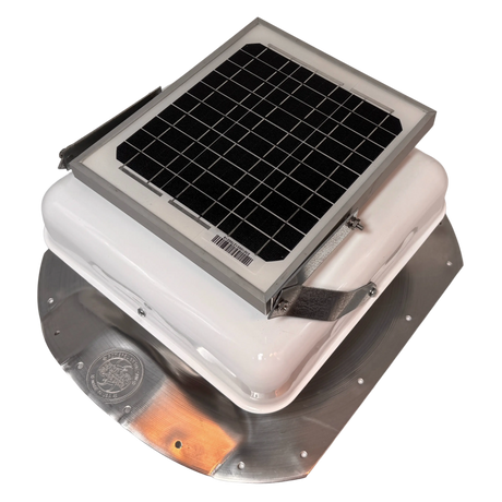 Solar ventilation fan, Solar Sideblaster for shipping container side-wall installation, left side view, powder-coated white, 5W solar panel (no background) | Solar Blaster brand