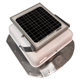 Solar ventilation fan, Solar Sideblaster for shipping container side-wall installation, right side view, powder-coated white, 5W solar panel (no background) | Solar Blaster brand