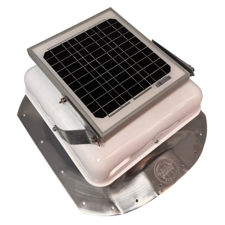 Solar ventilation fan, Solar Sideblaster for shipping container side-wall installation, right side view, powder-coated white, 5W solar panel (no background) | Solar Blaster brand