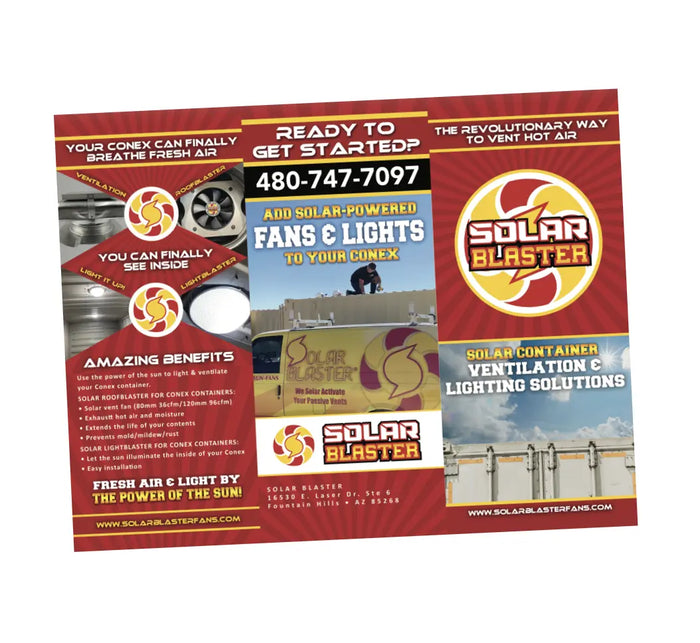 Thumbnail photo of the front of the brochure showing off Solar Blaster's conex products for shipping containers.