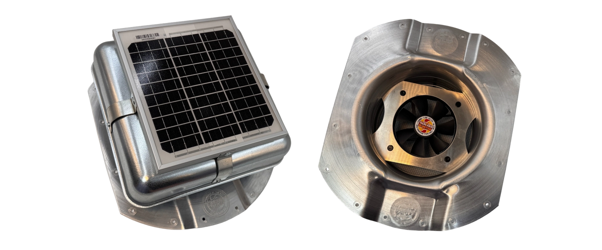 A Conex 3.5" Mega RoofBlaster showing the topside with the solar panel and then another view from the underside showing teh fan unit.