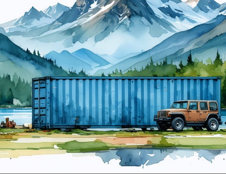 A watercolor painting of a blue shipping container and orange Jeep next to a lake shore with a tall snowy mountain in the background.