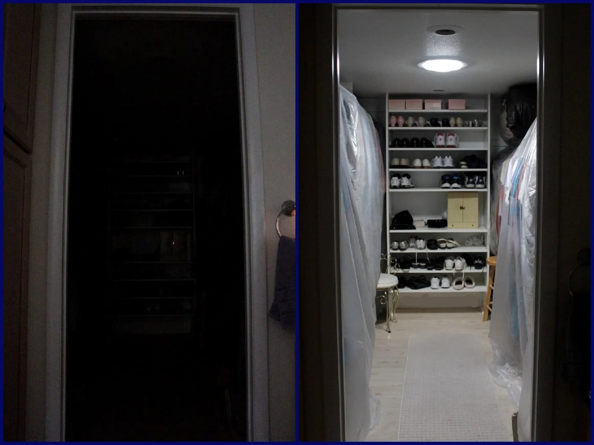 Before and after photos of a closet with a newly installed 10-inch Solar LightBlaster Tubular Skylight for Homes.