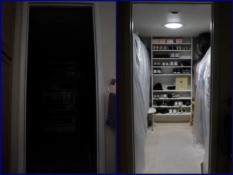 Before and after photos of a closet with a newly installed 10-inch Solar LightBlaster Tubular Skylight for Homes.