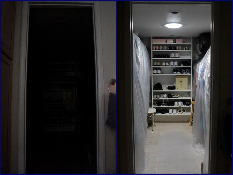 Before and after photos of a closet with a newly installed 10-inch Solar LightBlaster Tubular Skylight for Homes.