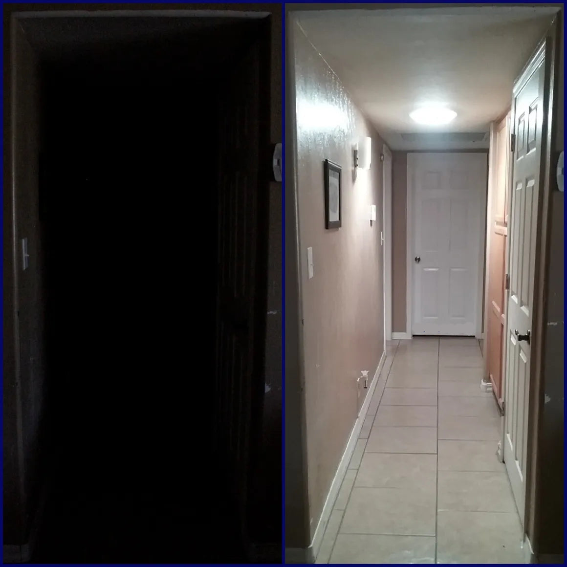 Before and after photos of a hallway with a newly installed 10-inch Solar LightBlaster Tubular Skylight for Homes.