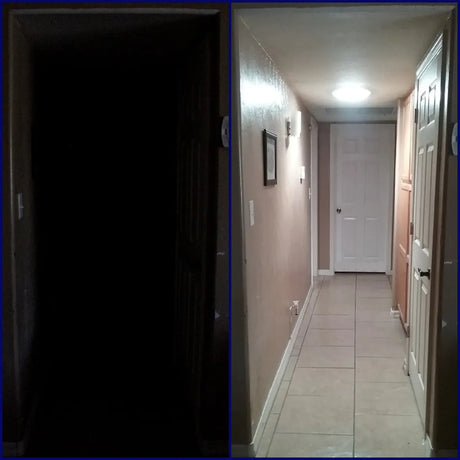 Before and after photos of a hallway with a newly installed 10-inch Solar LightBlaster Tubular Skylight for Homes.