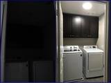 Before and after photos of a laundry room with a newly installed 10-inch Solar LightBlaster Tubular Skylight for Homes.