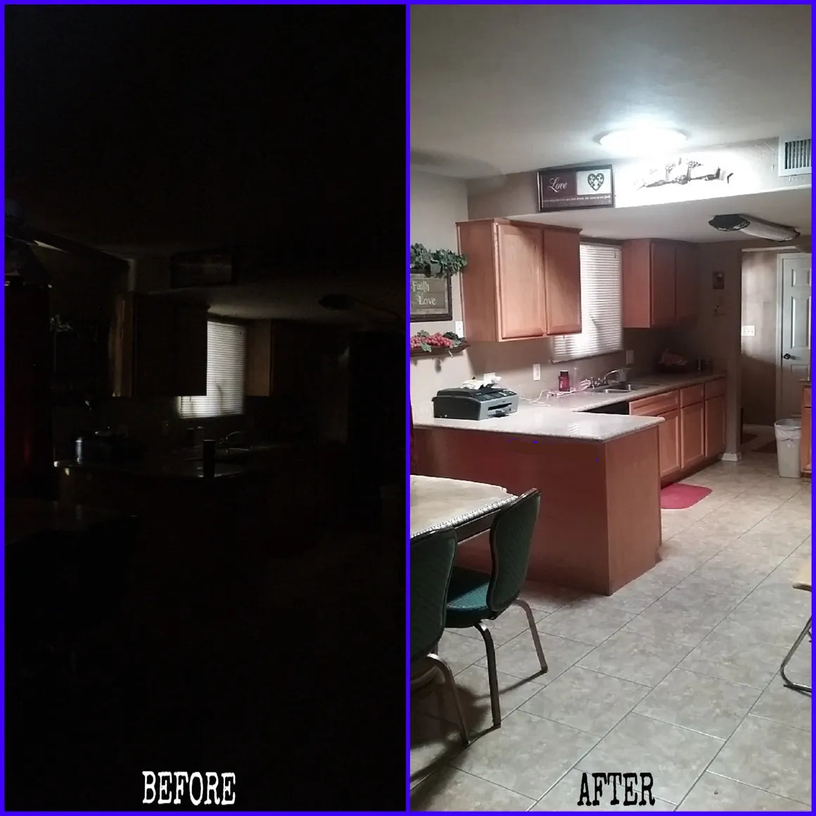 Before and after photos of a kitchen with a newly installed 14-inch Solar LightBlaster Tubular Skylight for Homes.