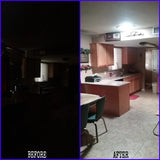 Before and after photos of a kitchen with a newly installed 14-inch Solar LightBlaster Tubular Skylight for Homes.