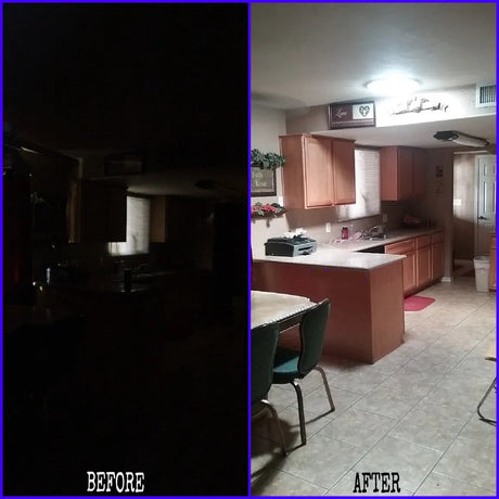 Before and after photos of a kitchen with a newly installed 14-inch Solar LightBlaster Tubular Skylight for Homes.