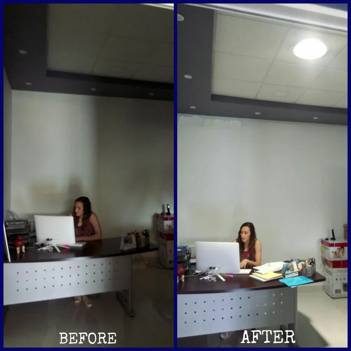 Before and after photos of a large office with a newly installed 14-inch Solar LightBlaster Tubular Skylight for Homes.