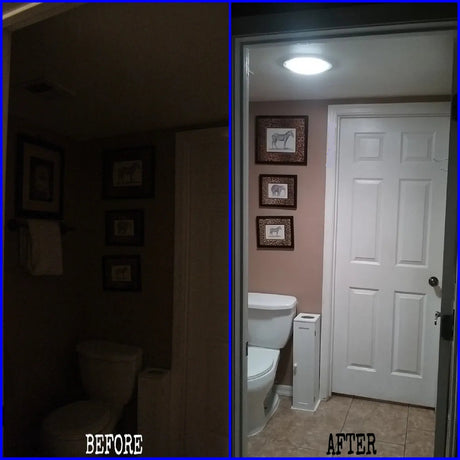 Before and after photos of a bathroom with a newly installed 7-inch Solar LightBlaster Tubular Skylight for Homes.