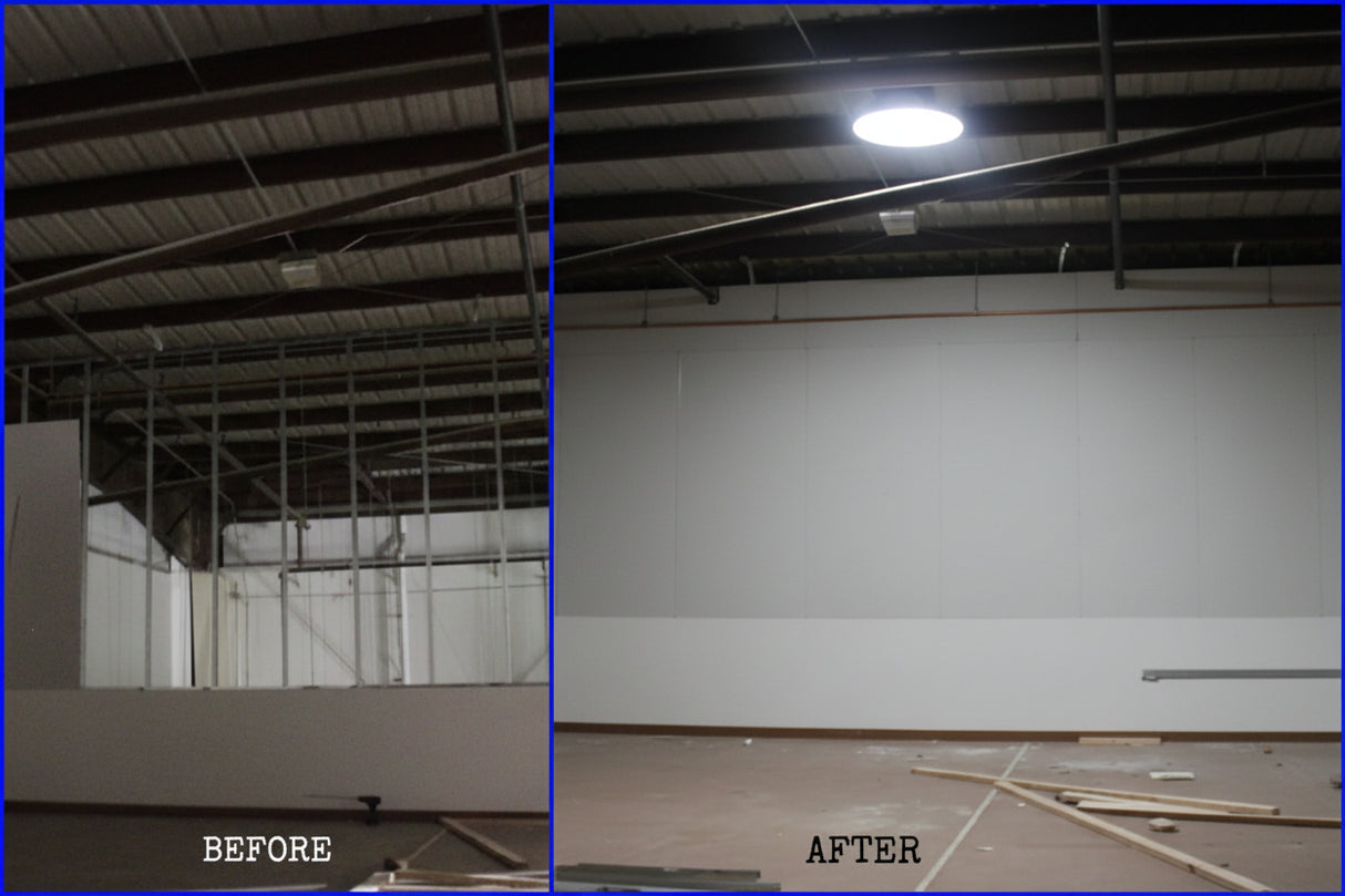 Before and after photos of a large warehouse with a newly installed 21-inch Solar LightBlaster Tubular Skylight for Warehouses.