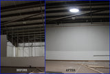 Before and after photos of a large warehouse with a newly installed 21-inch Solar LightBlaster Tubular Skylight for Warehouses.