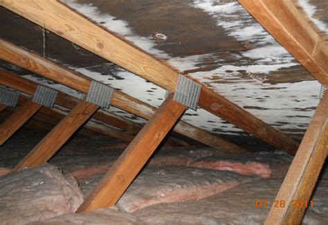 Attic with wooden beams and insulation, showing signs of mold and mildew due to inadequate ventilation leading to condensation building up under the roof deck.