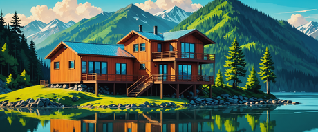 A watercolor painting of a large brown lakehouse overlooking a lake with forested mountain range in the background.